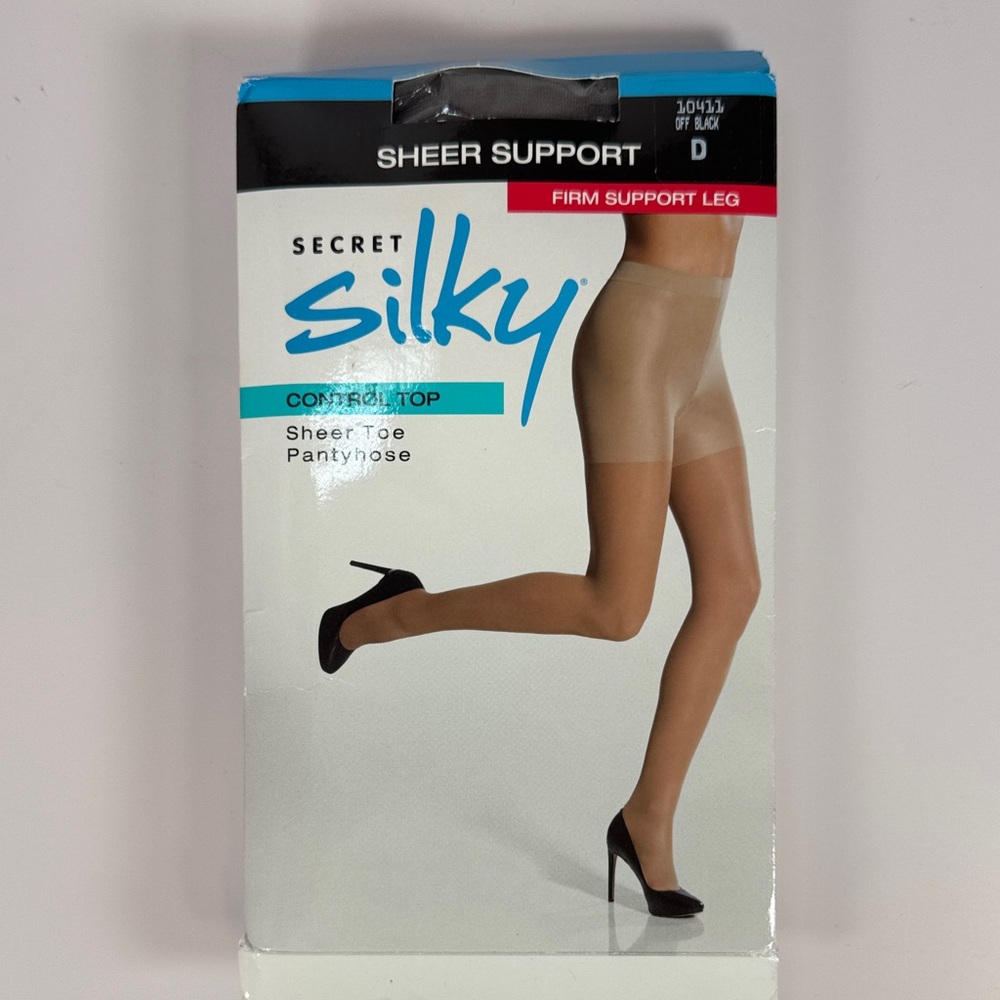 Secret Silky Size D Sheer Support Control Top Pantyhose Off Black sheer toe